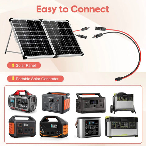 10AWG Solar Panel Cable Connector Kit Beefy Copper Wire 1.6 Ft Extension Compatible With Solar Connector Anderson Connector For RV And Portable Solar Generators Like Yeti And Renogy shown with solar panels and portable generators.
