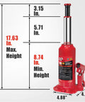 Heavy Duty Hydraulic Bottle Jack 8 Ton 16,000 Lb Capacity With Adjustable Screw Top And Serrated Wide Saddle Lifts From 8 15/16 In To 17 5/8 In Garage Ready For Home Or Shop Use shown with height dimensions