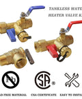 Three Quarters Inch IPS Isolator Tankless Water Heater Service Valve Kit With Pressure Relief Valve Red And Blue Handles