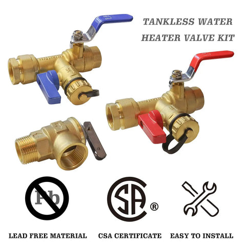Three Quarters Inch IPS Isolator Tankless Water Heater Service Valve Kit With Pressure Relief Valve Red And Blue Handles