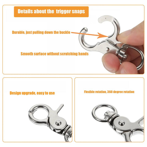 Thirty Piece Kickass Heavy Duty Trigger Snap Hooks With Swivel Action Zinc Alloy Build showing smooth surface and 360-degree rotation feature.