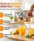 Heavy Duty Manual Lime Squeezer For Lemons Oranges & Grapefruits Large Citrus Juicer Press Tool pouring fresh juice into a glass.