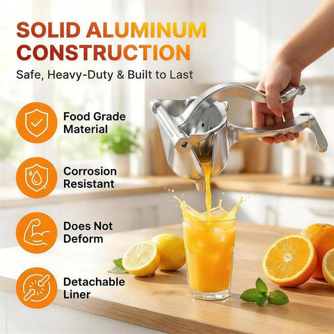Heavy Duty Manual Lime Squeezer For Lemons Oranges & Grapefruits Large Citrus Juicer Press Tool pouring fresh juice into a glass.