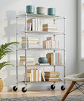Heavy Duty 5 Tier Wire Shelving Unit With Rolling Caster Wheels Rock Solid Metal Storage Rack Adjustable Garage Pantry Kitchen Organizer Slick Silver Gear Setup, displaying books and decor.