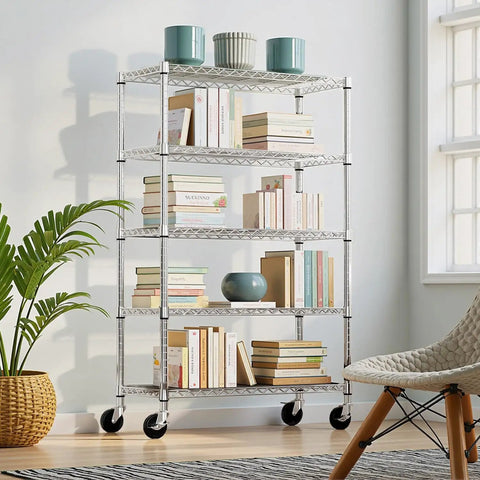 Heavy Duty 5 Tier Wire Shelving Unit With Rolling Caster Wheels Rock Solid Metal Storage Rack Adjustable Garage Pantry Kitchen Organizer Slick Silver Gear Setup, displaying books and decor.