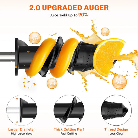 Cofun Masticating juicer attachment for KitchenAid stand mixer; orange auger with black housing and juice splash.