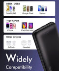 Slim Two Pack Portable Charger And 10000 Mah Power Bank For Travel showing USB connections for various devices and compatibility.