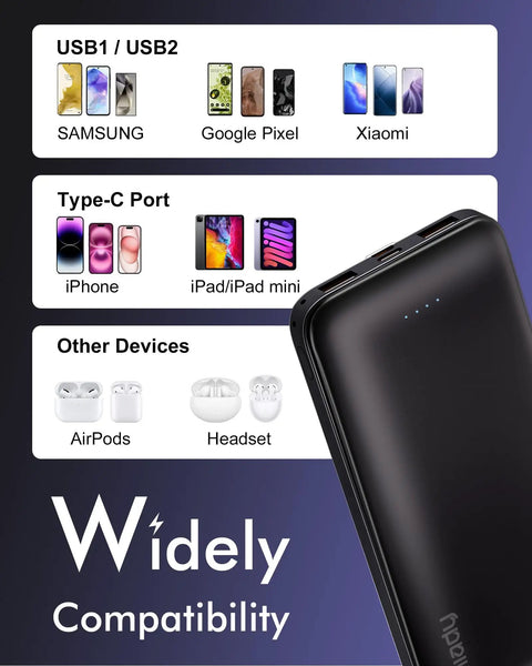 Slim Two Pack Portable Charger And 10000 Mah Power Bank For Travel showing USB connections for various devices and compatibility.