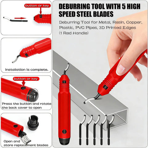 Deburring tool with red handle for metal, resin, copper, plastic, PVC pipes; includes 5 high-speed steel blades.