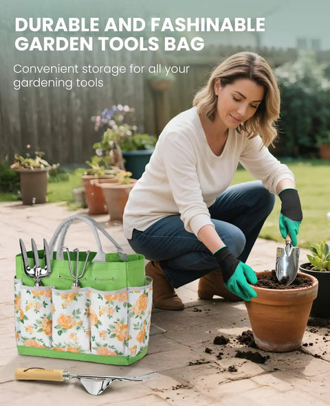Gardener using Top Notch 10 Piece Heavy Duty Garden Tool Set With Stainless Steel Tools And Wooden Handles Comes With Storage Bag