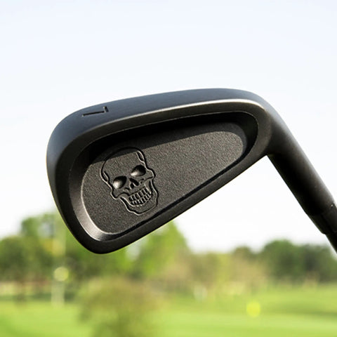 7 Iron Golf Club For Men Right Handed With Graphite Shaft, Forgiving Cavity Back Iron close-up showing skull design on head