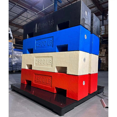Beefy Floor Scale For Pallets And Shipping In Warehouse Use With Smart Digital Indicator 48 By 48 Inches 10000 Lb Capacity Accurate To 1 Lb Built For Tough Industrial Environments And Long Life with stacked weight blocks showing load capacity