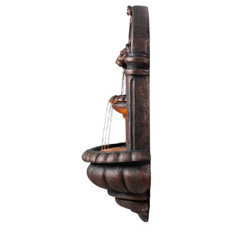 Side view of Lion Head Stone Wall Mounted Outdoor Water Fountain With LED Light 32 Inch Antique Bronze Durable Lightweight Resin