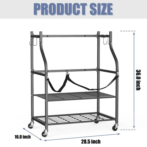 Wall Mounted Golf Bag Organizer With Rolling Storage Rack dimensions shown including hooks and shelf
