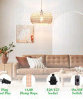 Real Deal Plug In Pendant Light Featuring Woven Rattan Shade And Hassle Free On Off Switch in cozy living room setting.