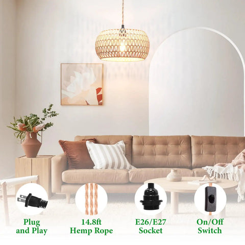 Real Deal Plug In Pendant Light Featuring Woven Rattan Shade And Hassle Free On Off Switch in cozy living room setting.