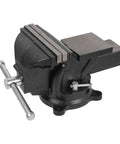 Heavy Duty Six Inch Bench Vise Rock Solid Cast Steel Frame With Double Locking Swivel Base And Flat Hammer Anvil Surface For Tough Daily Shop Grind Woodworking And Pipe Clamping Projects Black Finish, side view showing cast iron jaws and anvil.