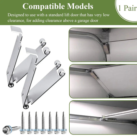 1 Pair Low Headroom Garage Door Top Bracket Set For Standard Lift Doors Adds Extra Clearance Above The Door Ideal For Commercial And Residential Use Quick Turn Bracket For Easy Install And Space Saving with installation screws and images of brackets installed.
