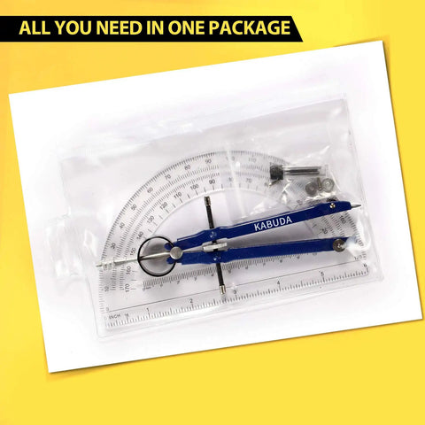 Premium Precision Compass Set With Spring Bow Protractor Locking Mechanism And Included Pencil Leads And Screw Replacements in package