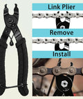 All In One Bicycle Chain Repair Kit With Chain Breaker And Splitter Master Link Pliers Wear Indicator And Four Reusable Missing Links Comes With Handy Storage Pouch For Quick On The Go Bike Maintenance And Repairs showing pliers removing chain link