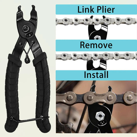 All In One Bicycle Chain Repair Kit With Chain Breaker And Splitter Master Link Pliers Wear Indicator And Four Reusable Missing Links Comes With Handy Storage Pouch For Quick On The Go Bike Maintenance And Repairs showing pliers removing chain link