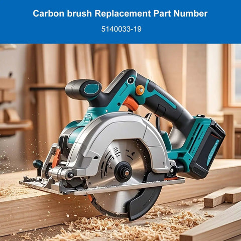 Four Pack Heavy Duty Carbon Brush Set Hella Durable For Table Saws showcases a circular saw with carbon brush part number 5140033-19.