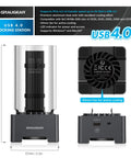 Straight Fire USB4 40Gbps M.2 NVMe SSD Enclosure Docking Station with a transparent aluminum design and a cooling fan.
