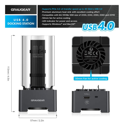 Straight Fire USB4 40Gbps M.2 NVMe SSD Enclosure Docking Station with a transparent aluminum design and a cooling fan.