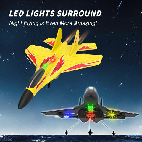 Foam Remote Control RC Planes 2CH 2.4Ghz Awesome Fighter Jet With Lights Easy To Fly for kids and adults in flight with LED lights.