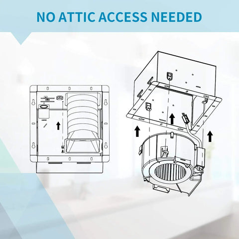 Installation diagram of Quiet Bath Exhaust Fan With Light 110 CFM One Point Two Sone No Attic Access Needed Install 4000K LED Light.