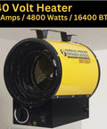 Heavy Hitter Electric Forced Air Shop Heater Blasts 5000 Watts Of Tough Warmth Straight Into Your Garage Or Jobsite Featuring Turbo Fan Dryer Setting Auto Thermostat And Overheat Shutoff Safety Tech view from the front showing yellow and black design of the heater.