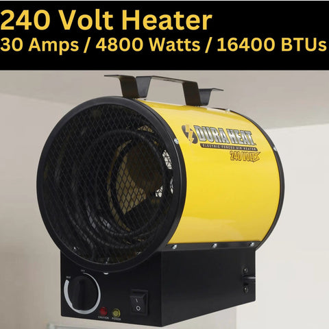 Heavy Hitter Electric Forced Air Shop Heater Blasts 5000 Watts Of Tough Warmth Straight Into Your Garage Or Jobsite Featuring Turbo Fan Dryer Setting Auto Thermostat And Overheat Shutoff Safety Tech view from the front showing yellow and black design of the heater.