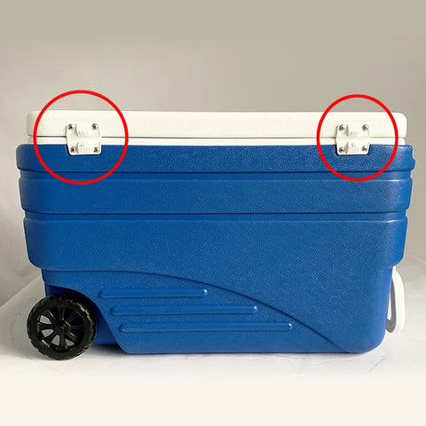 Cooler hinge replacement set on blue cooler with white lid; two white hinge plates secured with screws, side view