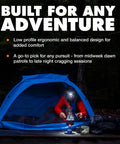 Camper using Rechargeable Spot 400-R Headlamp With Dimmable Bright Beam Go To Light in blue tent during nighttime forest camp
