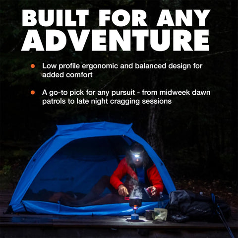 Camper using Rechargeable Spot 400-R Headlamp With Dimmable Bright Beam Go To Light in blue tent during nighttime forest camp
