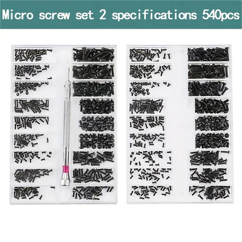 Sweet Micro Repair Screw Set For Watches And Glasses With Precision Screwdriver And Round Head Fasteners 540 pcs in organized tray.