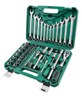 Grease Monkey Approved 61 Piece Socket Wrench Set Featuring Chrome Vanadium Steel Ratchet Tool Kit For Tight Spaces in a green case.