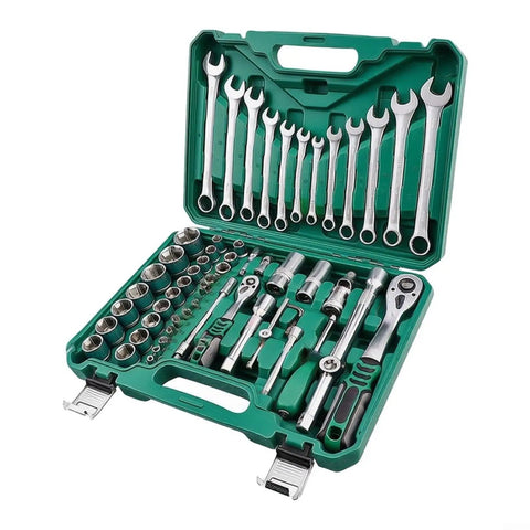 Grease Monkey Approved 61 Piece Socket Wrench Set Featuring Chrome Vanadium Steel Ratchet Tool Kit For Tight Spaces in a green case.