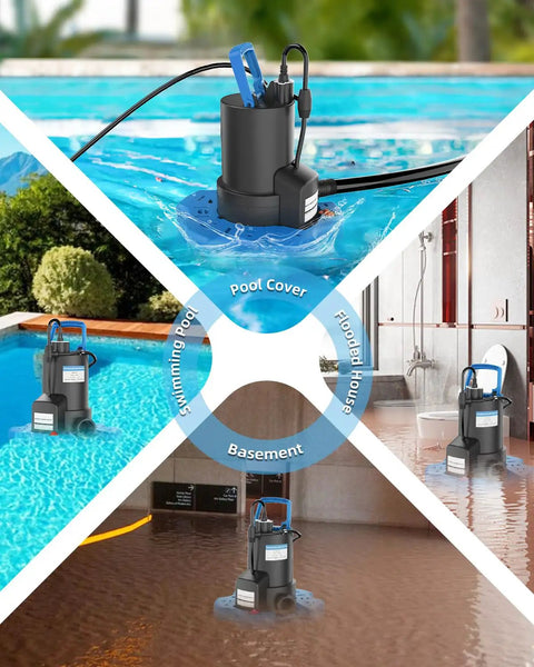 Badass High Power Automatic Pool Cover Pump With 3500 Gph Flow Submersible Sump Motor in action draining water from a flooded area.