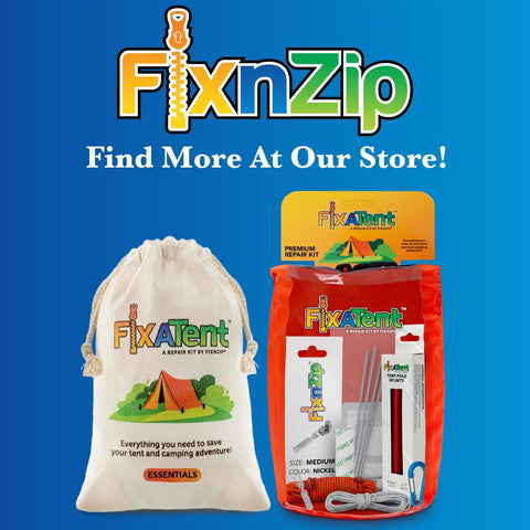 All In One Tent Repair Kit For Camping With Zipper Slider Replacement, Pole Splints, Shock Cord, Screen Patches, Duct Tape And Carabiners For Emergency Tent Fixes And Fast Field Gear Repairs packaging.