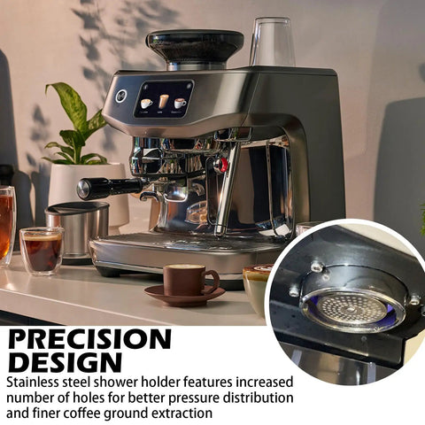 Precision Shower Screen Kit For 58Mm Breville Sage Oracle Espresso Machines on espresso machine showing stainless steel design.