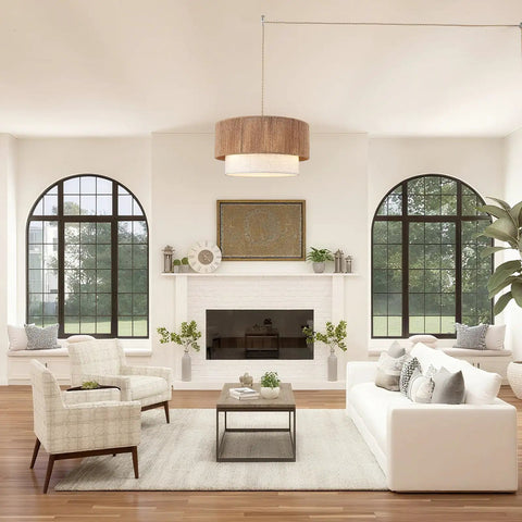 18 Inch Plug In Rattan Pendant Light With Premium Linen Shade Boho Ceiling Chandelier over a cozy living room setting.