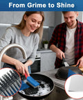 4-Pack Heavy Duty Wire Brush and Scraper Set in use, featuring stainless steel brush cleaning a pan for grime and rust removal
