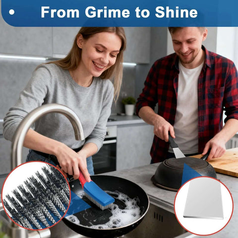 4-Pack Heavy Duty Wire Brush and Scraper Set in use, featuring stainless steel brush cleaning a pan for grime and rust removal