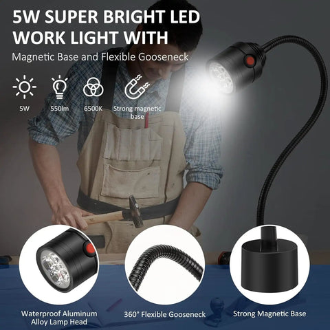Durable Magnetic Led Work Light With Flexible Gooseneck And Magnetic Base 550 Lumen 6500K White Task Lamp for workshop