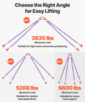 Diagram of Four Leg Lifting Slings With Hooks 6600 lb Capacity for Engines Cranes Hoists at 30, 45, 60-degree angles