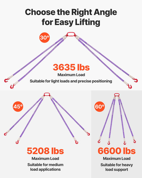 Diagram of Four Leg Lifting Slings With Hooks 6600 lb Capacity for Engines Cranes Hoists at 30, 45, 60-degree angles