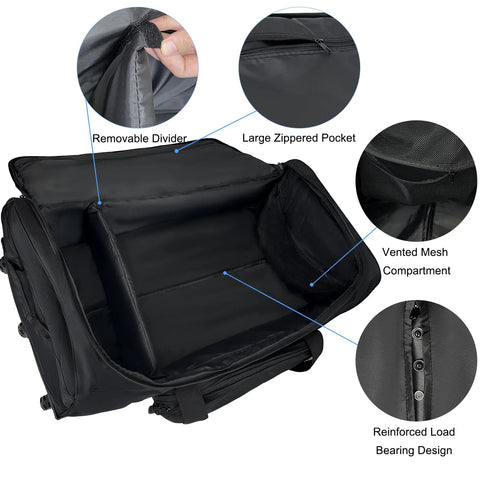 WOLT 120L rolling duffel bag open with removable divider, large zippered pocket and vented mesh compartment (black)