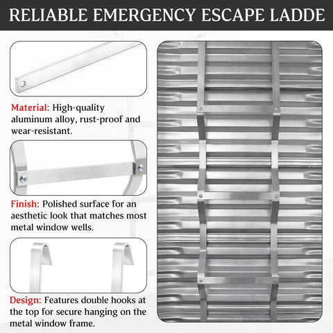 Aluminum Egress Window Well Ladder 3 Step With Hook, Basement Escape Ladder Fits 4-5 Ft Window Wells, 14 Inch Rung Spacing, 50 Inch Height, 300 Lb Capacity, No-Hassle Safe Emergency Home Access, aluminum ladder in metal window well