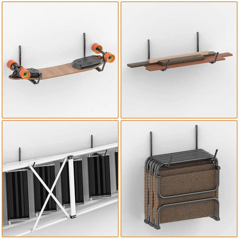 Lightweight Kayak Storage Rack With Wall Mount Hooks For Garage Organization holding skateboard, skis, ladder, chairs